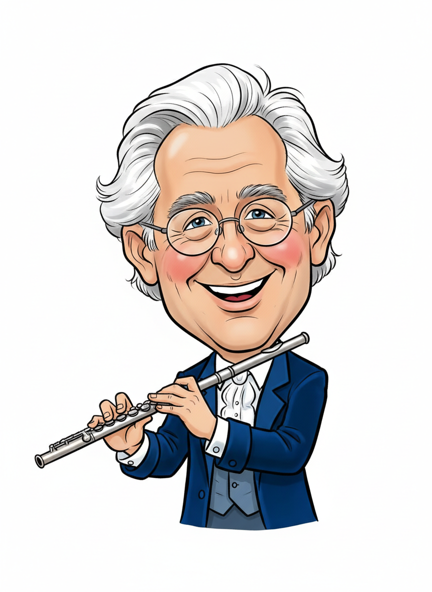 A cartoon caricature of James Galway, the famous Irish flute player. He has white hair, glasses, and a warm smile. Clean white or simple solid background, no rainbow effects. Friendly, detailed caricature style.